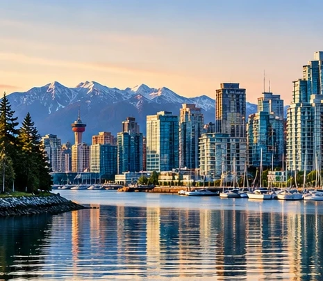 Vancouver skyline and marina with the North Shore mountains behind